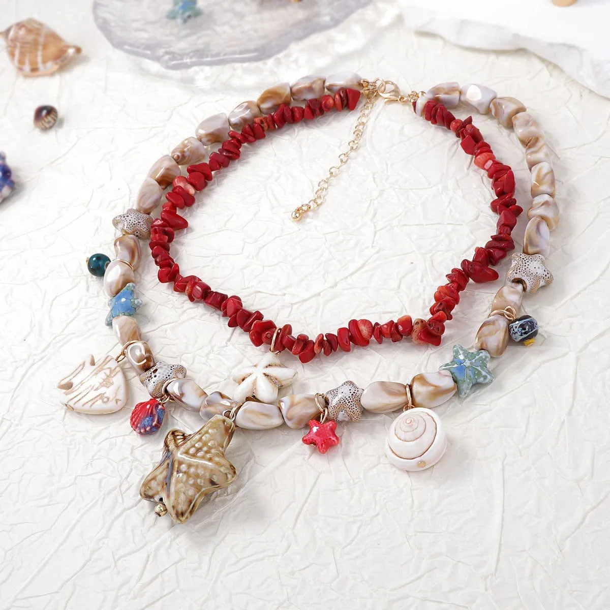 Gold marine life clavicle chain for women with conch shell and starfish pendant on zinc alloy chain