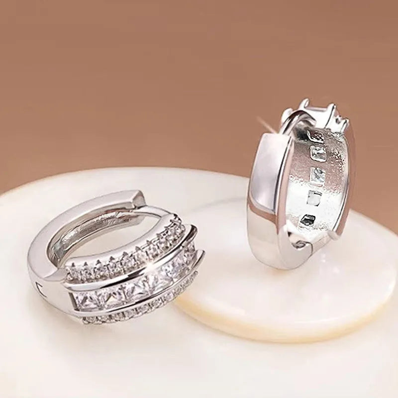 Square inlaid zircon earrings for women copper geometric quadrilateral white gold colour
