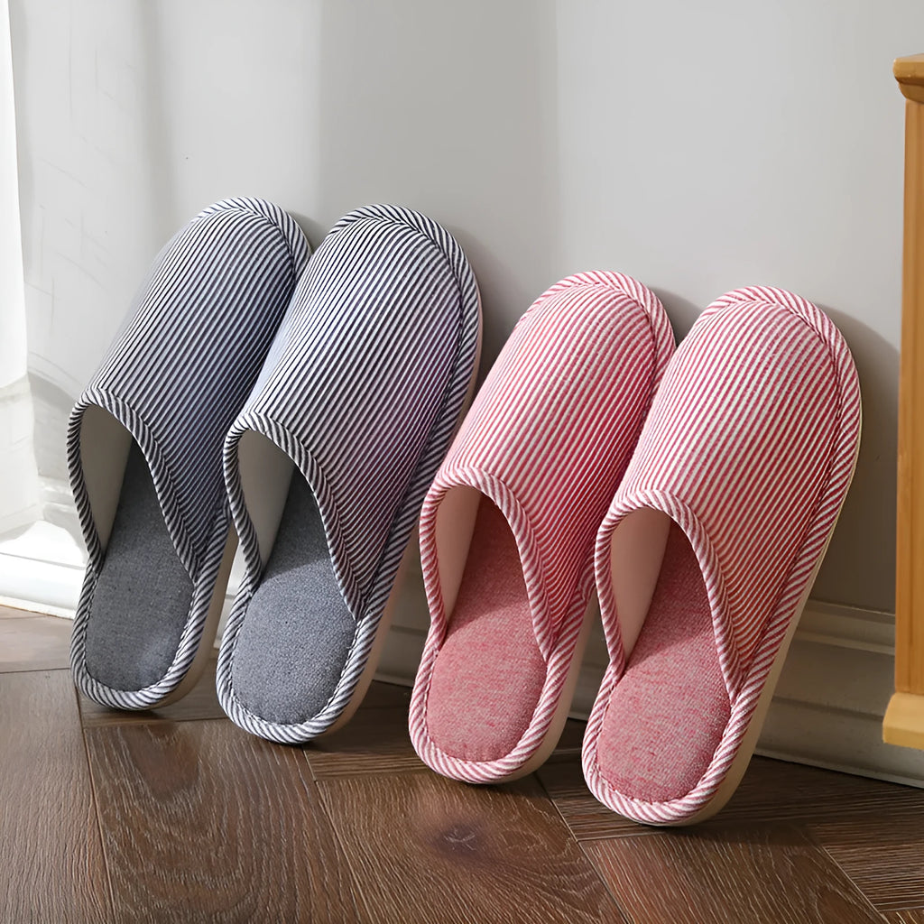 Household stripes indoor non-slip cotton slippers with PVC sole and round toe in khaki colour