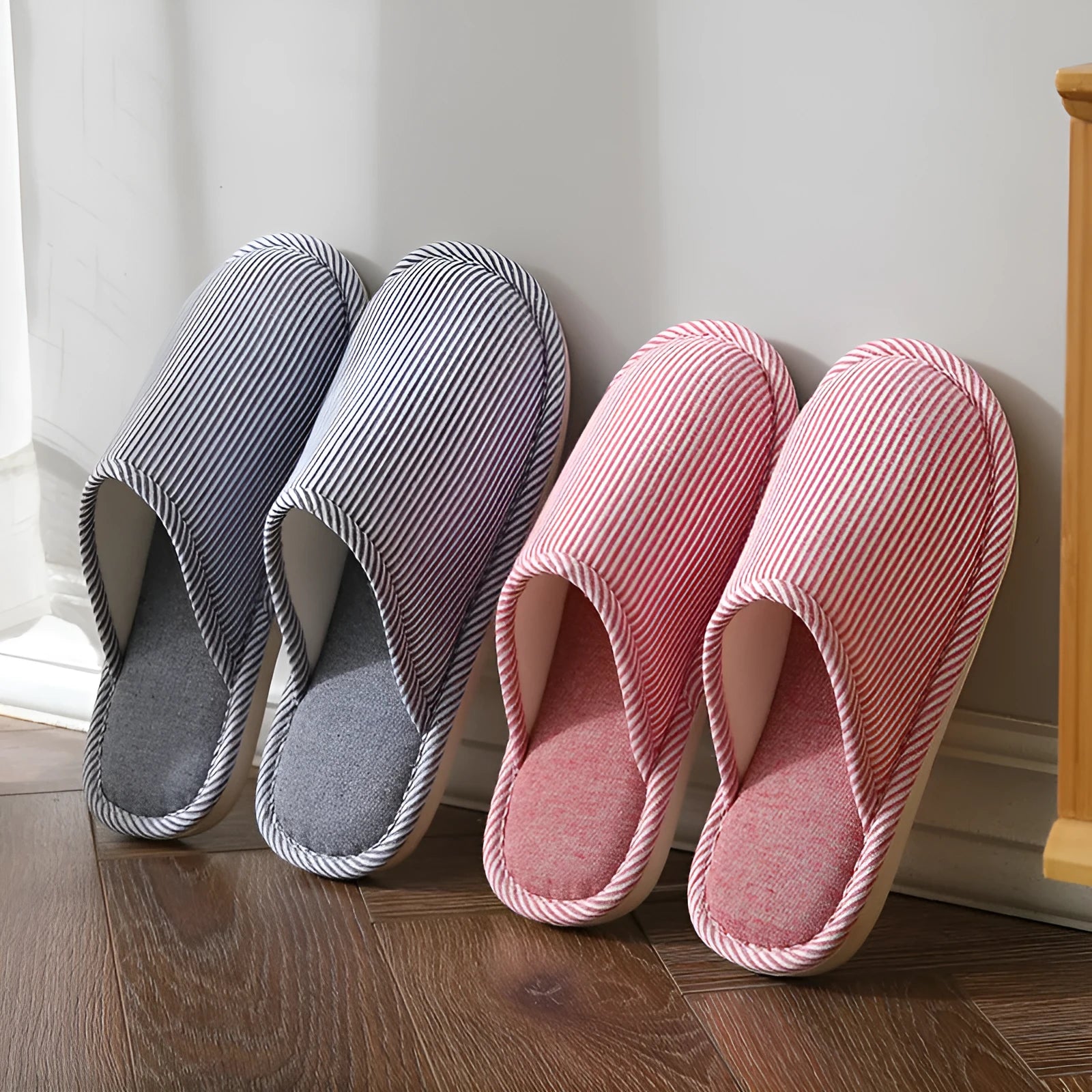 Household stripes indoor non-slip cotton slippers with PVC sole and round toe in khaki colour