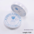 Spool of transparent crystal clear elastic cord for DIY jewellery making and beading projects on a wooden surface.