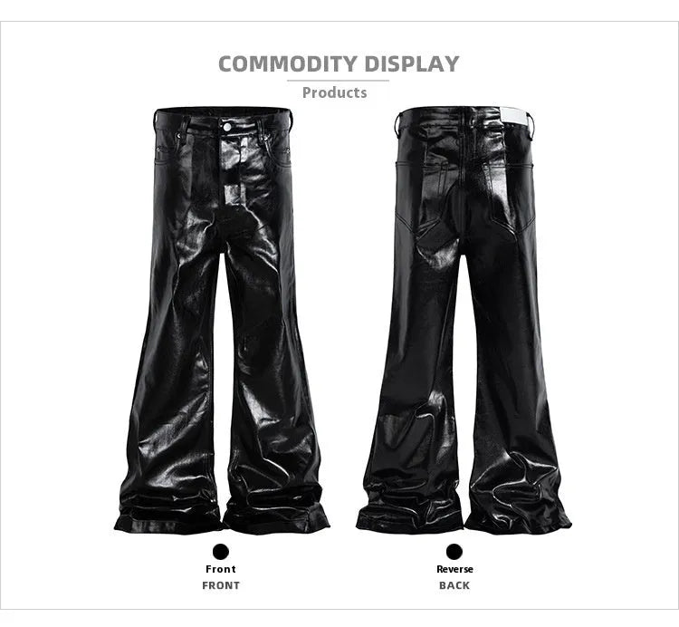 Black coated shiny patent leather skinny jeans with a straight leg and mid waist.