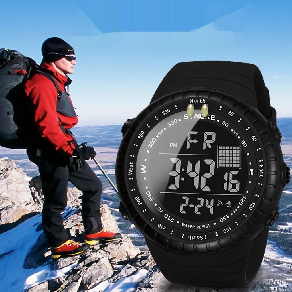 Black men's waterproof outdoor electronic watch with large plastic case and PU strap.