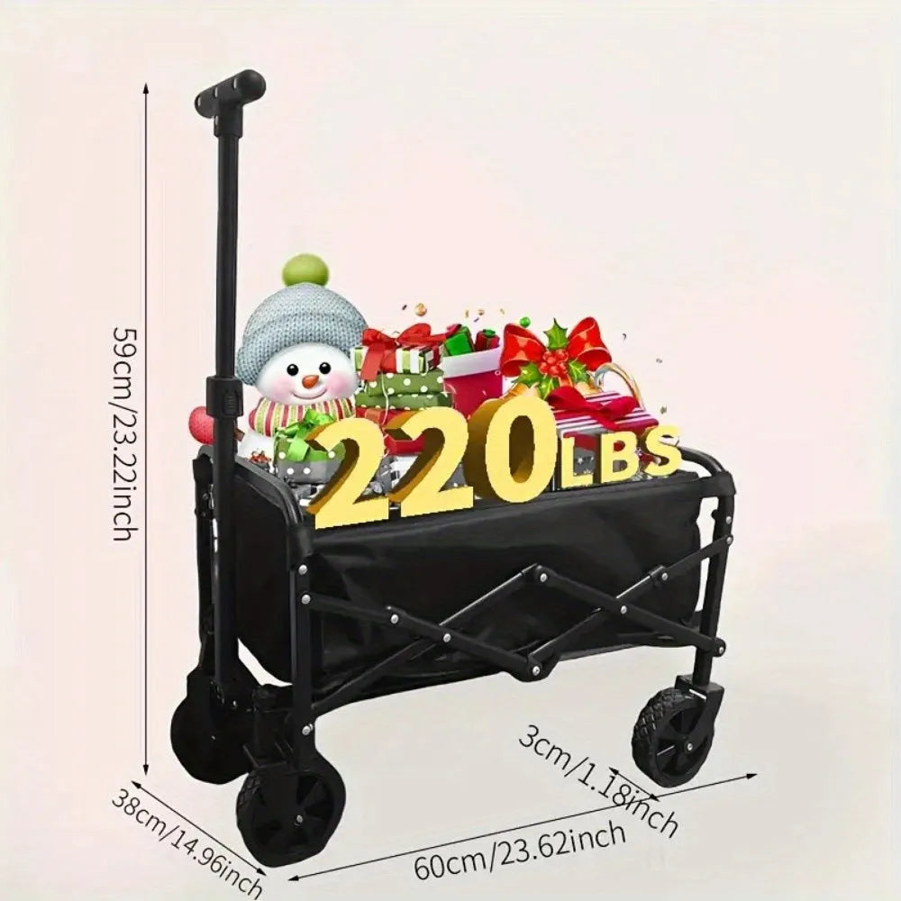 Collapsible heavy-duty metal garden wagon cart with foldable frame.