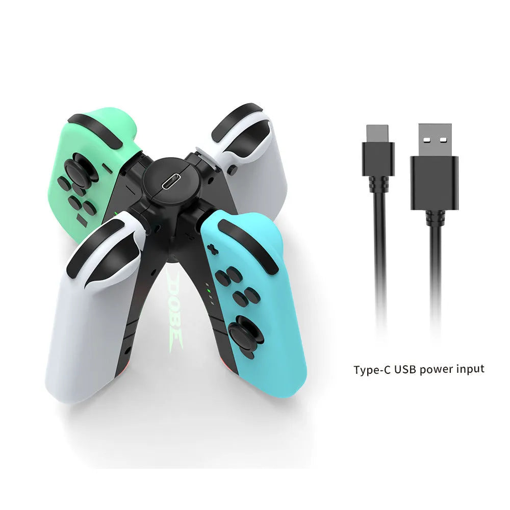 Black four-in-one charger holder for Switch, attached to handle ends with Type-C interface.