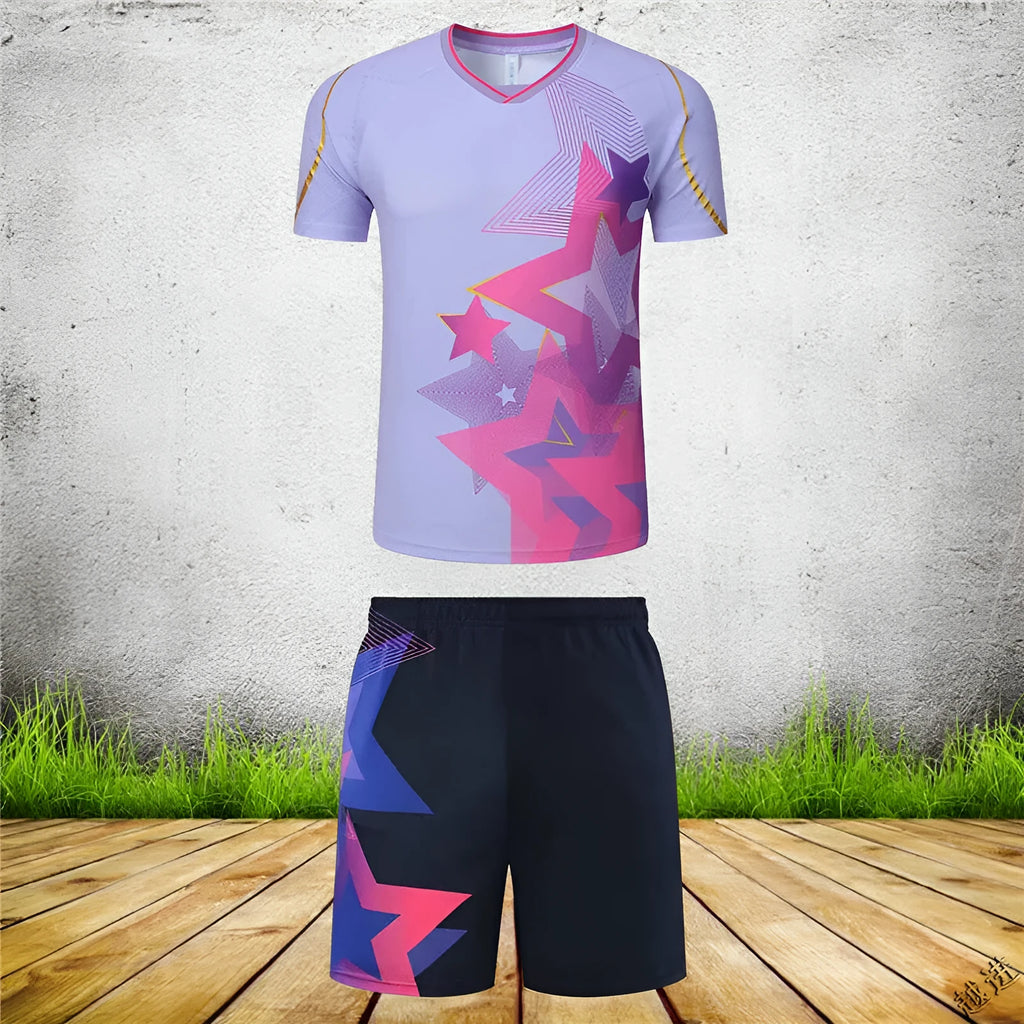 Men's and women's sapphire blue badminton sports suit with short-sleeved top and trousers.