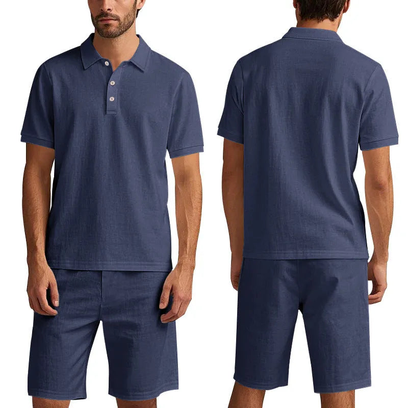 Men's loose linen blend summer suit set in apricot colour, showing short sleeve shirt and matching shorts.