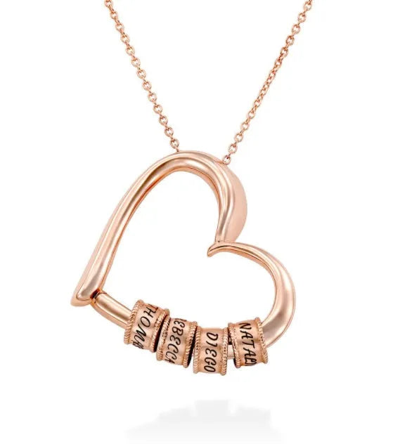 Personalised heart name pendant necklace in silver alloy with beaded lettering and box chain