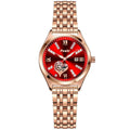 Women's fashion casual waterproof calendar luminous watch with alloy strap and Roman numeral rhinestone dial on white background