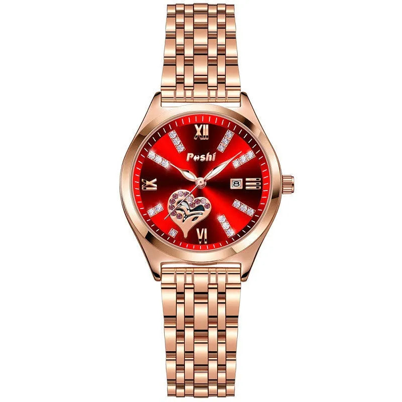 Women's fashion casual waterproof calendar luminous watch with alloy strap and Roman numeral rhinestone dial on white background
