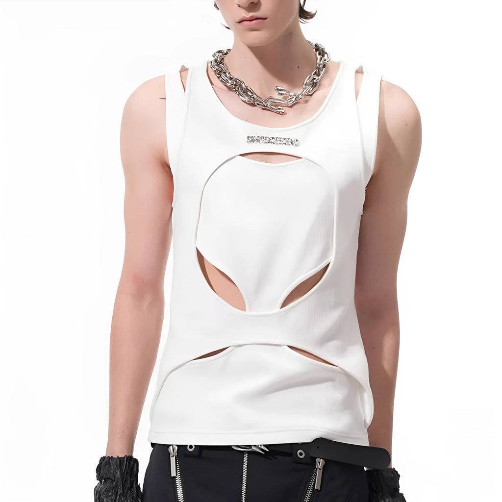 Man wearing a white, sleeveless, hollow-knit cotton waistcoat with a round neck.