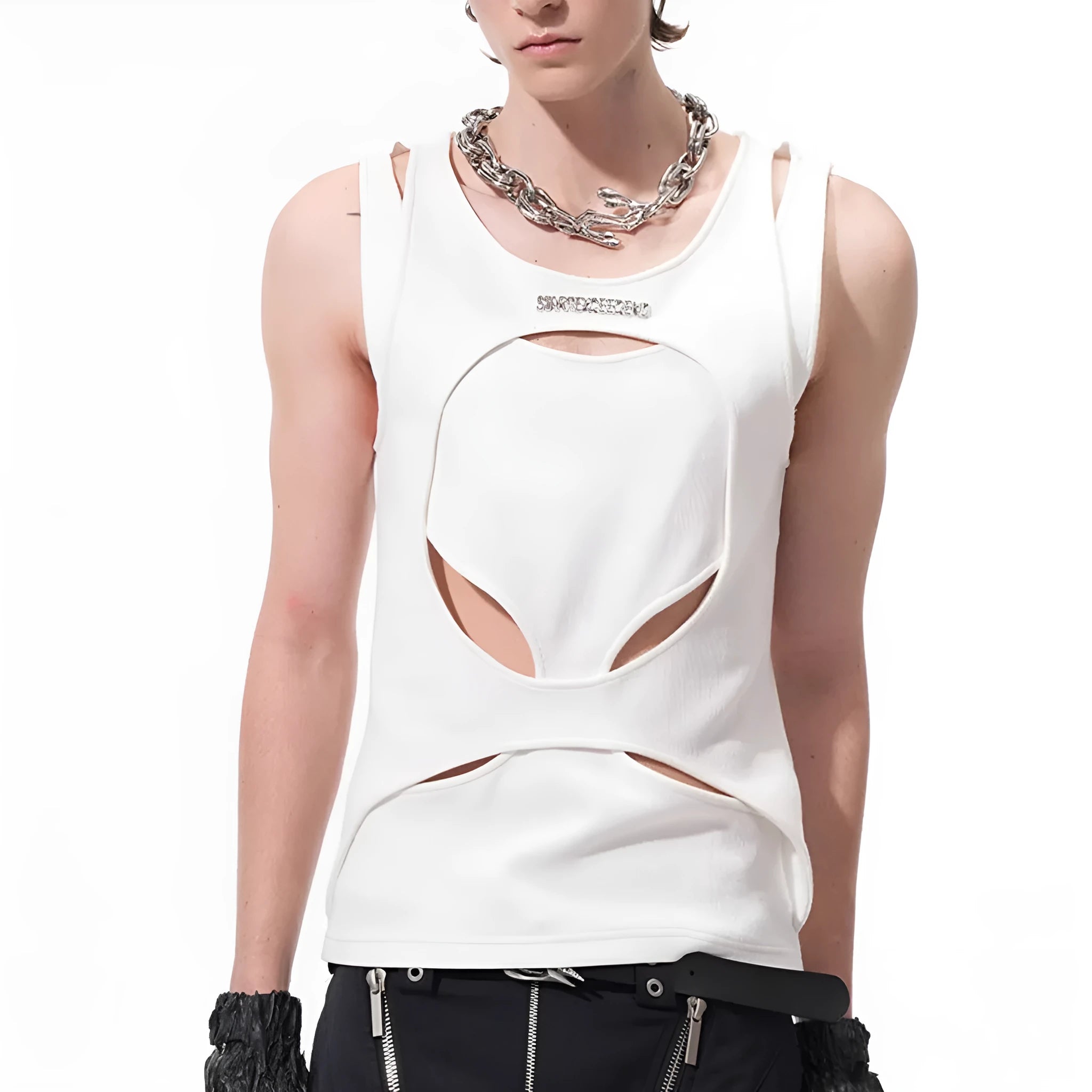 Man wearing a white, sleeveless, hollow-knit cotton waistcoat with a round neck.