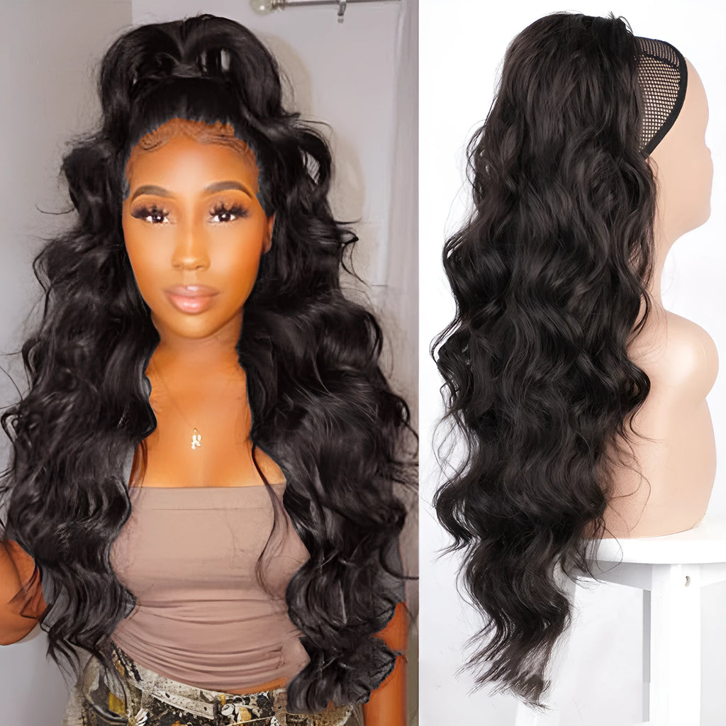 High temperature silk chemical fibre big wave drawstring ponytail wig in matte finish, shown on head model