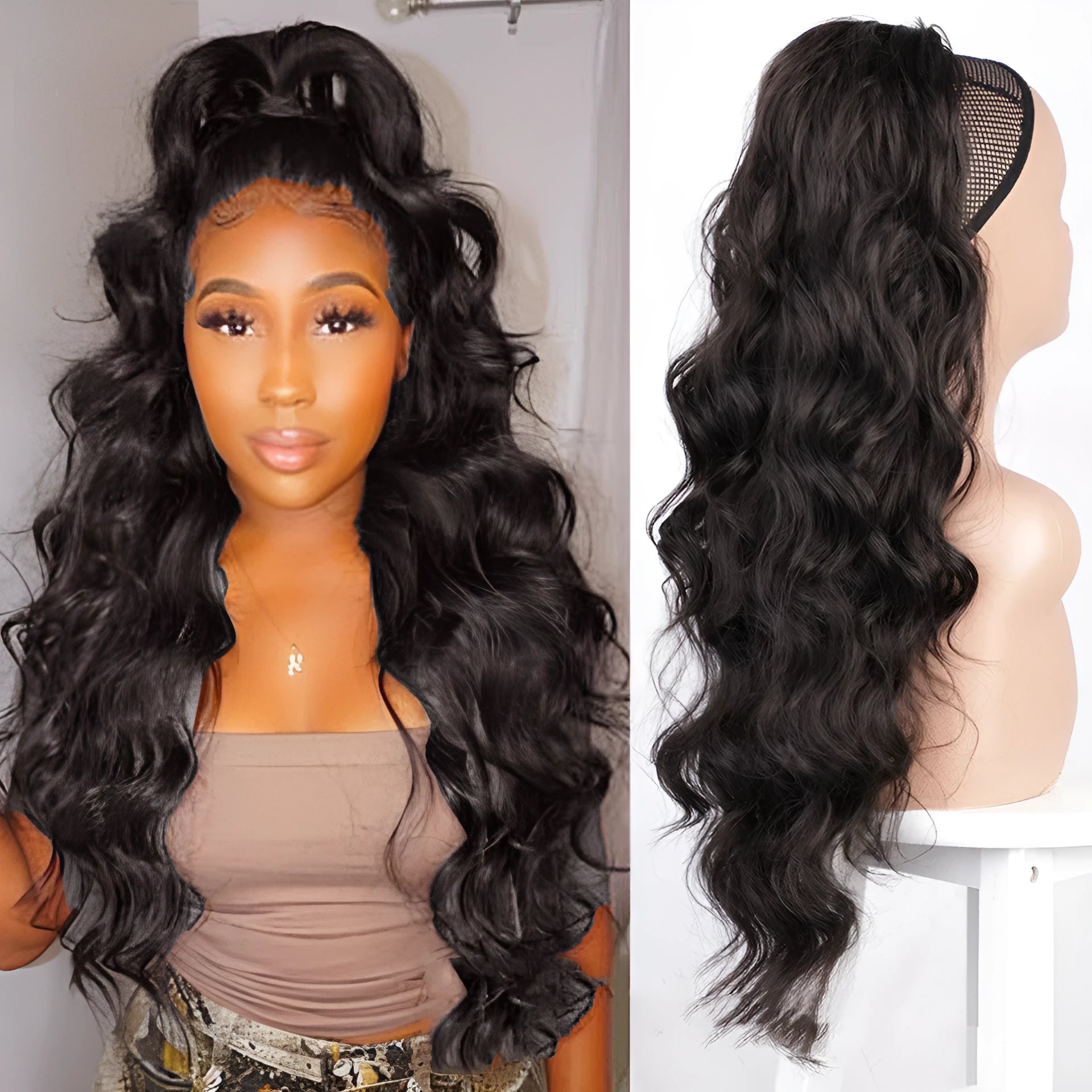 High temperature silk chemical fibre big wave drawstring ponytail wig in matte finish, shown on head model