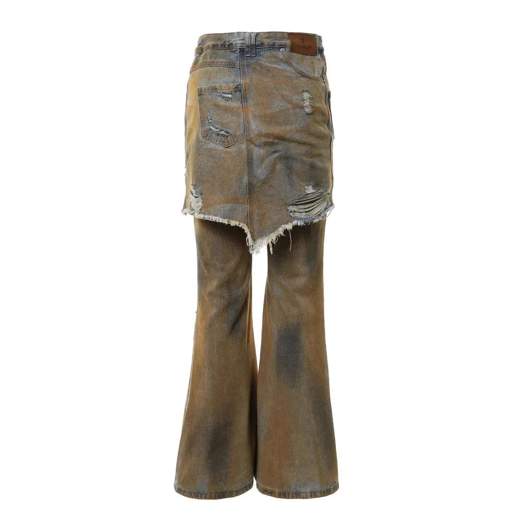 Light blue loose hole distressed bootcut jeans on a high-waist mannequin