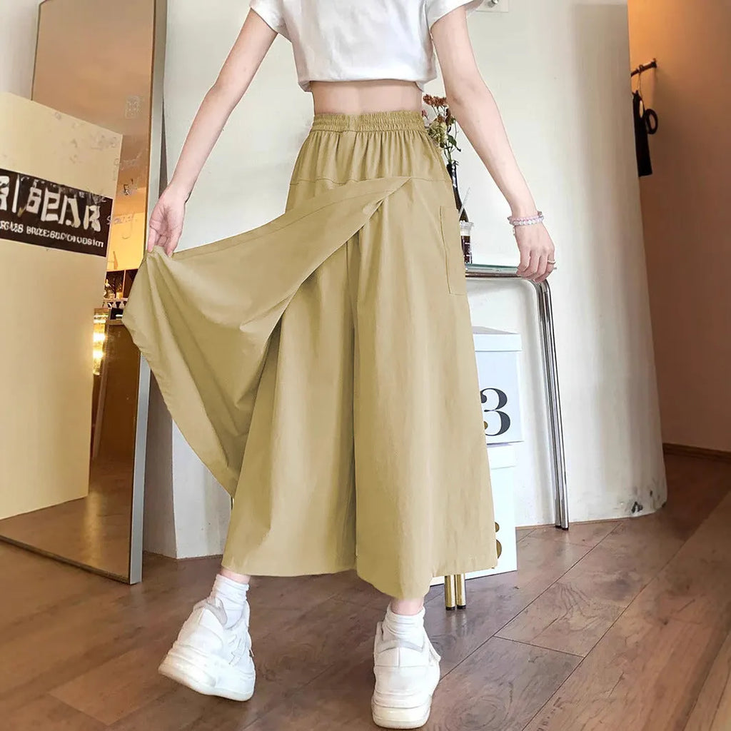Camel coloured women's cropped wide leg skirt with elastic waist and quilted detailing