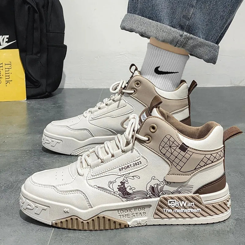 Men's casual high-top board shoes with rubber sole, broad fit, front lace-up, available in beige, white, and blue sizes 39-44.
