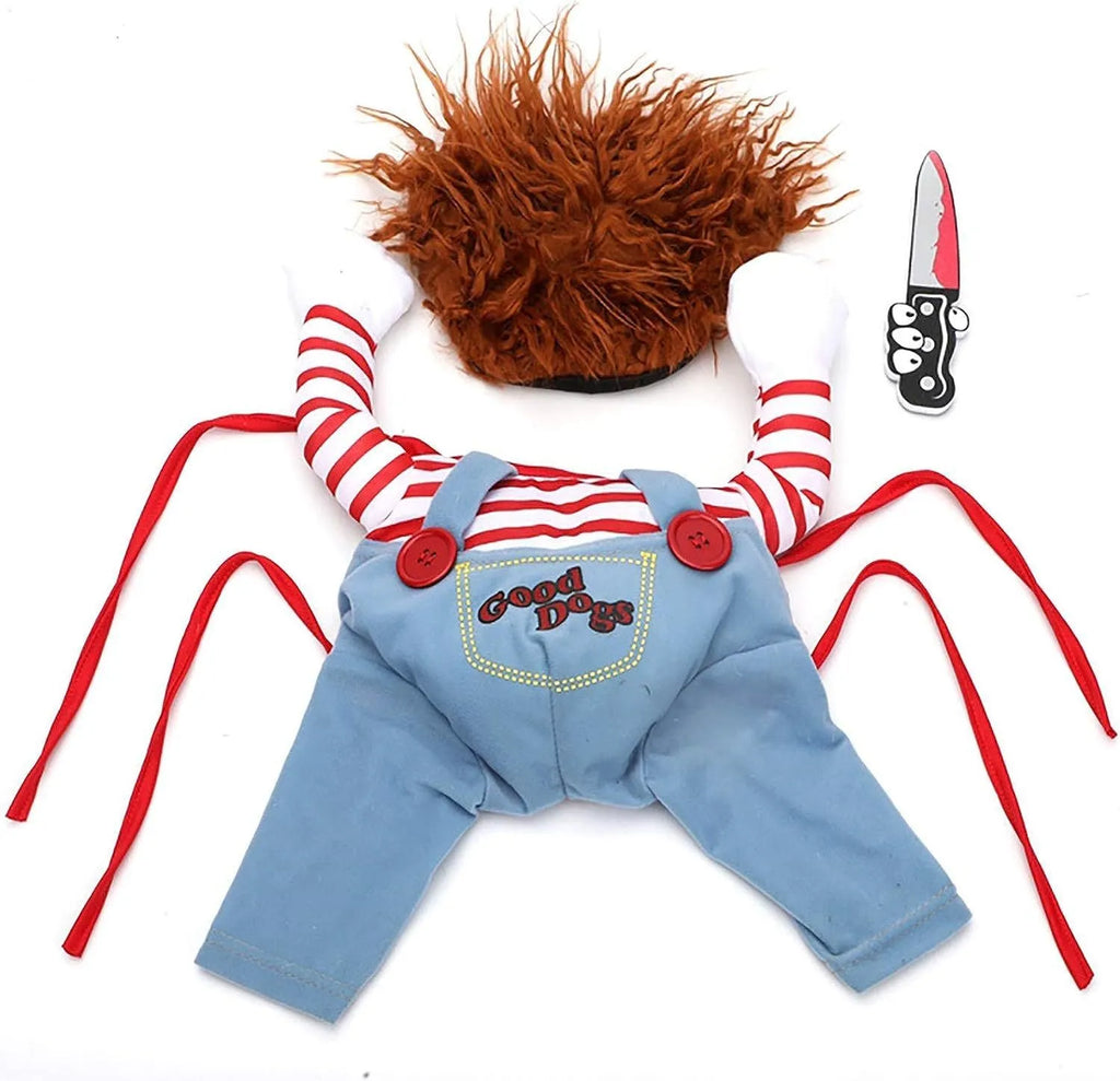 Halloween costume set on pet dog, showing striped harness pants and plastic knife prop.