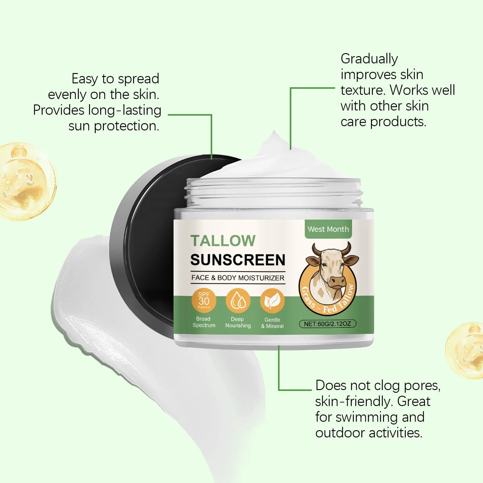 SPF 50+ sunscreen cream tube with hyaluronic acid and lemon extract, 60g non-oily formula