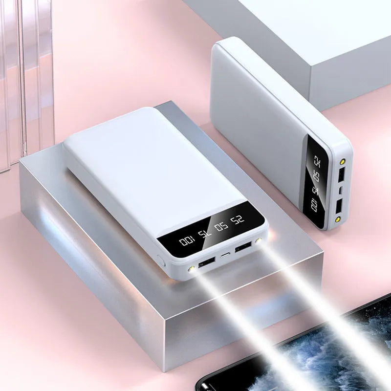 20000 mAh polymer power bank in black, white, pink, or blue colours, showing multiple USB ports and compact size.