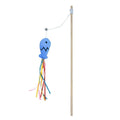Wooden handle cat wand toy with colourful ribbons, catnip fish and bell for interactive indoor cat play