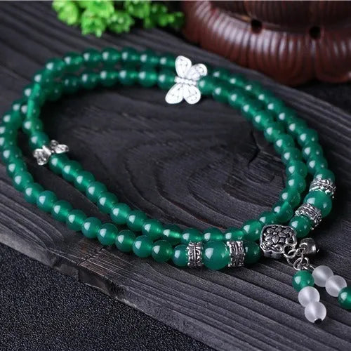 Women's green agate multi-layer bracelet with three circles of 6mm beads