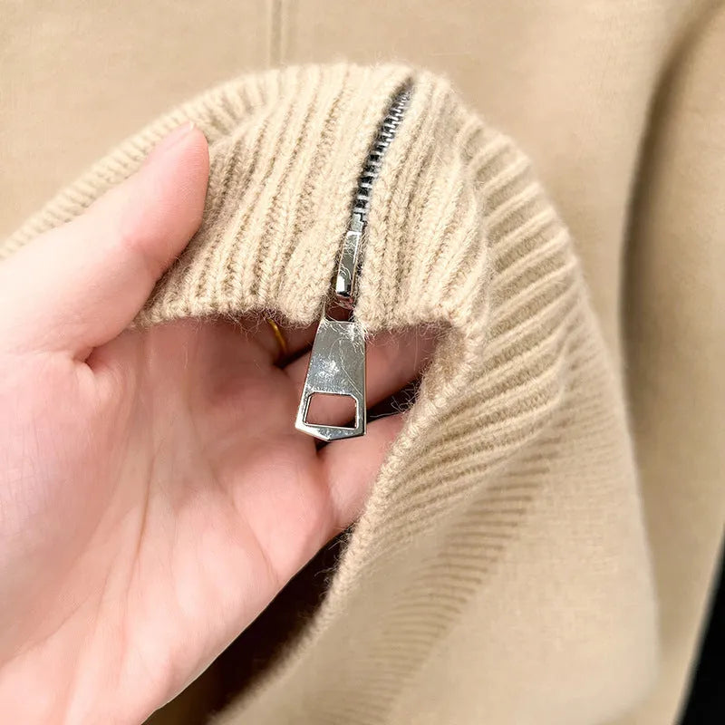 Men's stand collar knitted zipper cardigan in loose fit available in black, grey and beige