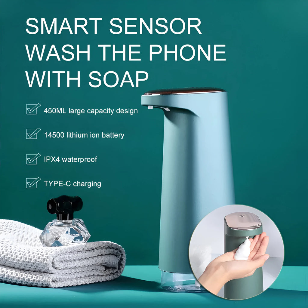 White automatic foam soap dispenser with infrared sensor for touch-free operation on a bathroom counter.