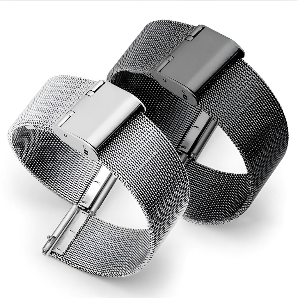 Milani woven stainless steel watch band in silver, black, rose gold, and gold colour options