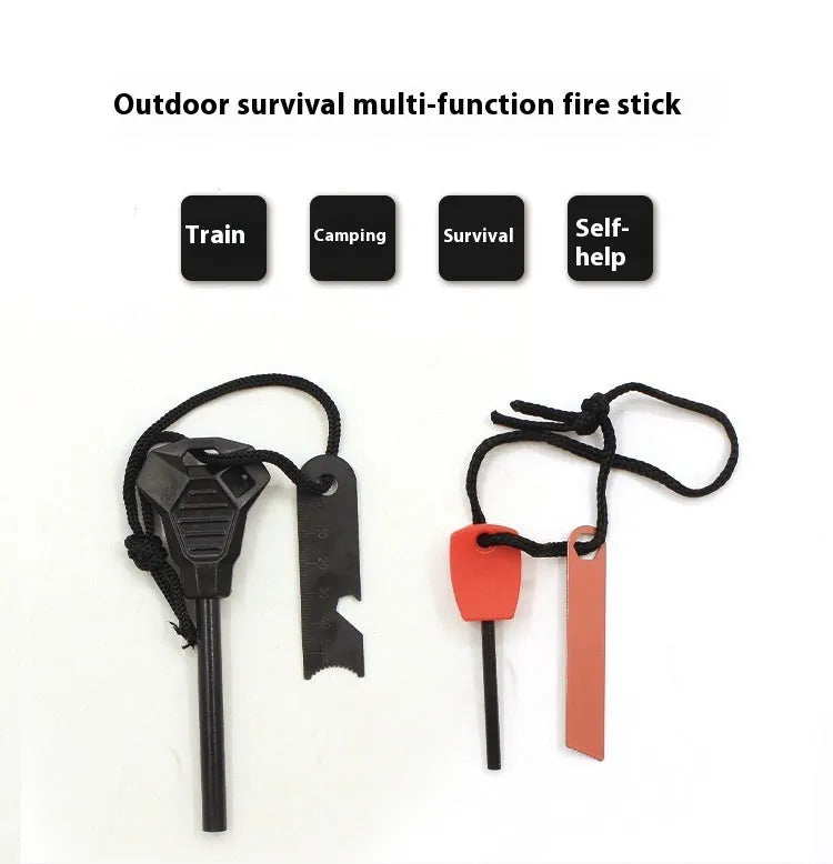 Black outdoor survival multi-tool showing magnesium rod flint and stainless steel scraper with multiple functions.