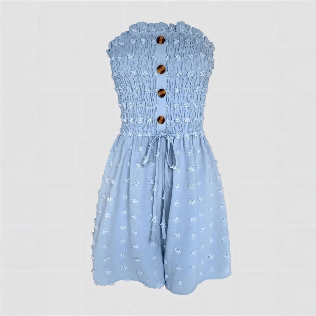 Women's off-shoulder sleeveless jumpsuit in blue polyester with button detail and mid-waist ankle-length design