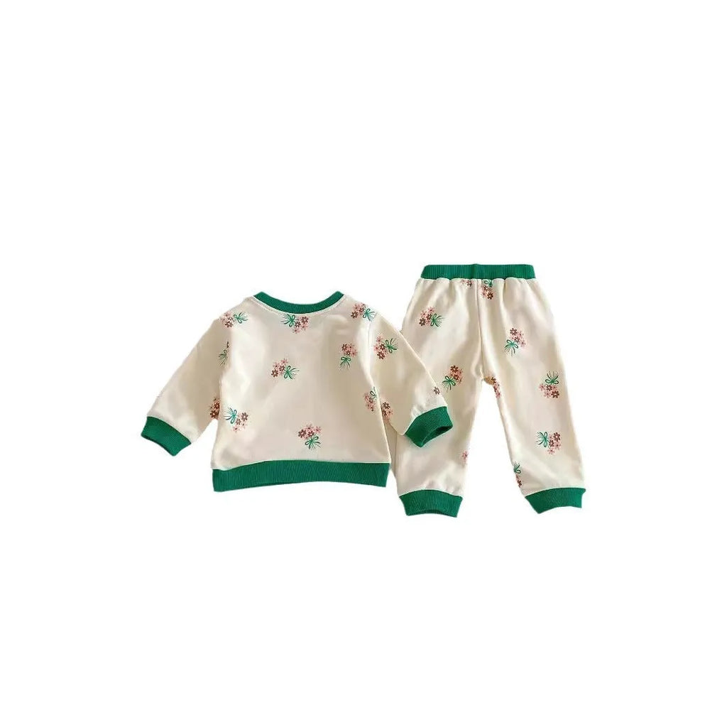 Baby western style small flower suit green cotton long sleeve shirt and pants set pullover