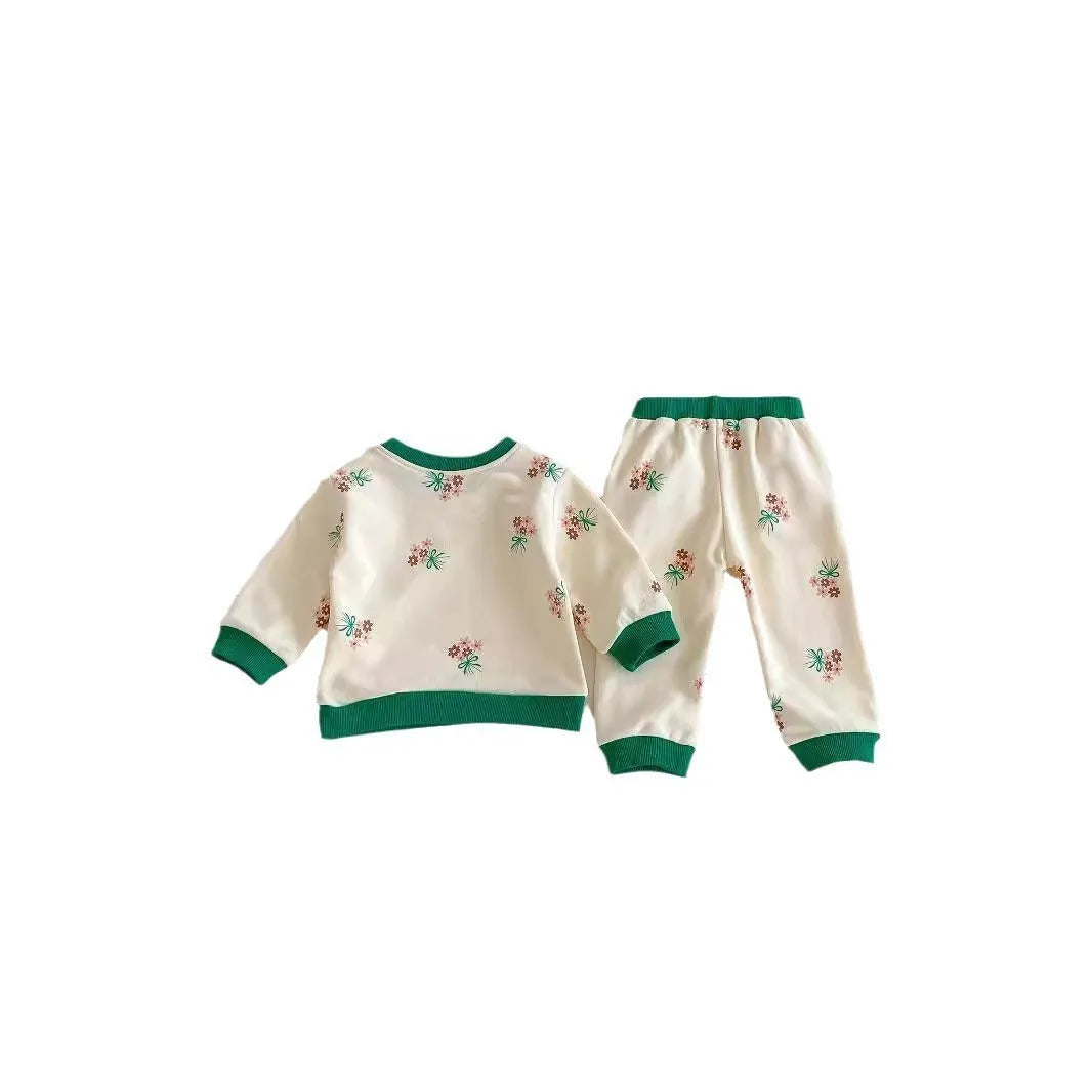 Baby western style small flower suit green cotton long sleeve shirt and pants set pullover