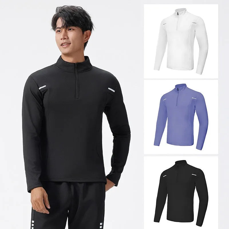 Men's half zipper windproof quick-dry polyester training top in black, long sleeve, spring autumn fitness wear