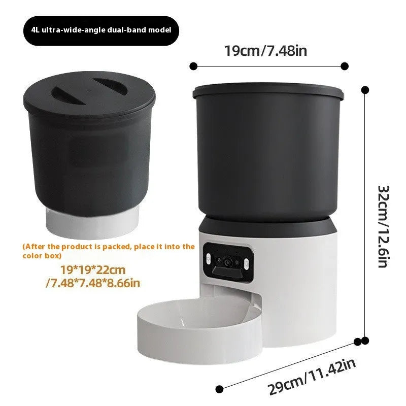 4L smart pet feeder with remote control and video camera on a kitchen floor