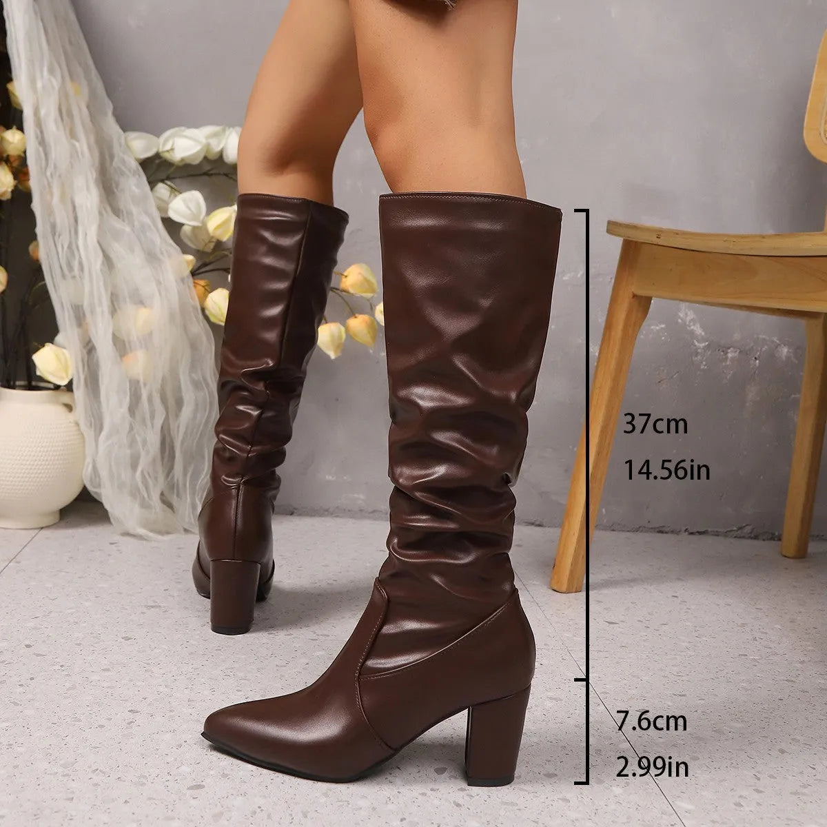 Pointed pleated sleeve high heel fashion boots for women in beige PU leather with rubber sole