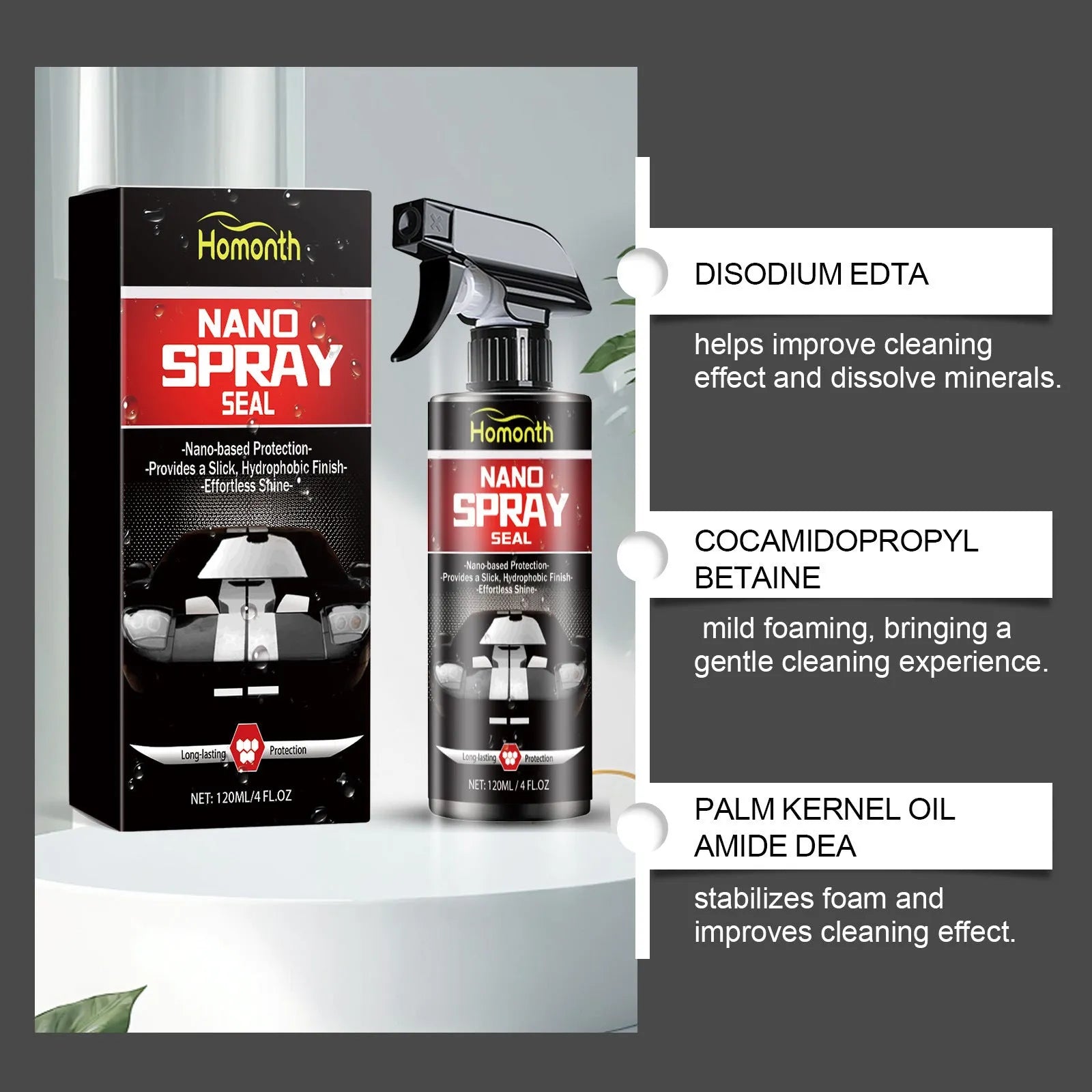 Automotive nano coating bright brilliant polish 120ml bottle with a folded towel on a car bonnet