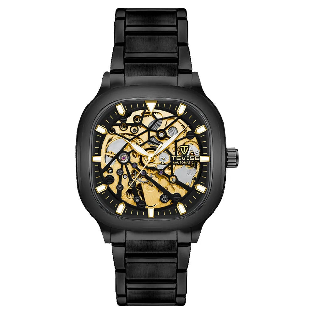 Men's square waterproof automatic watch with luminous dial and stainless steel strap