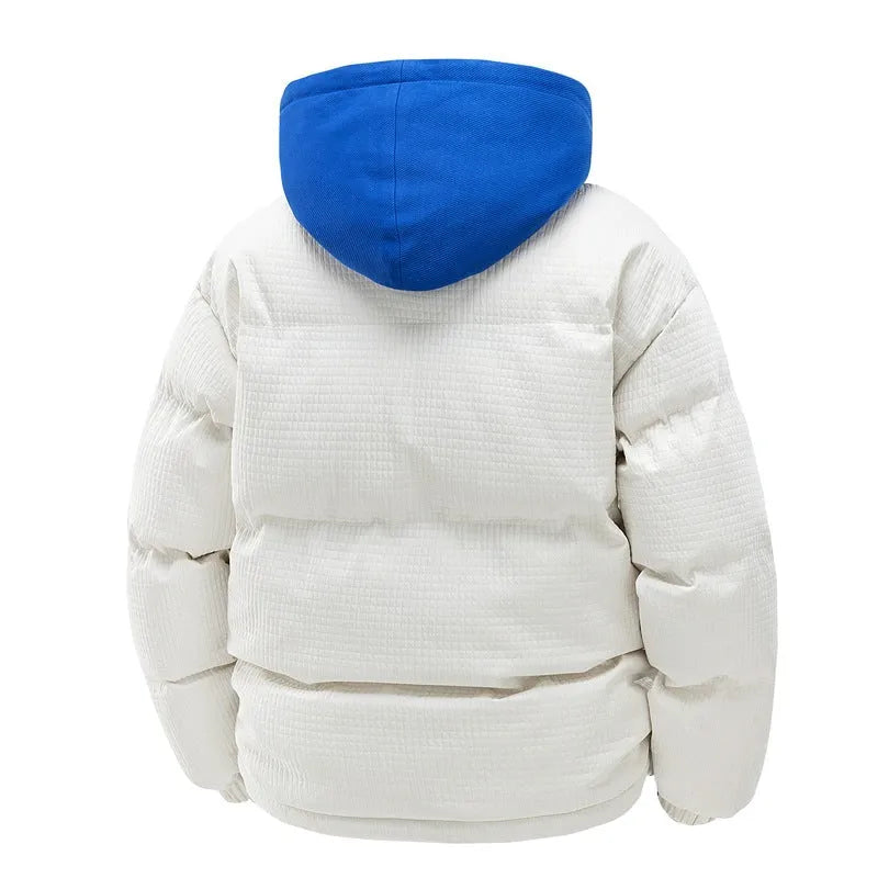 Men's loose casual hooded fake two-piece jacket in beige, side view, showing side pockets and straight hem