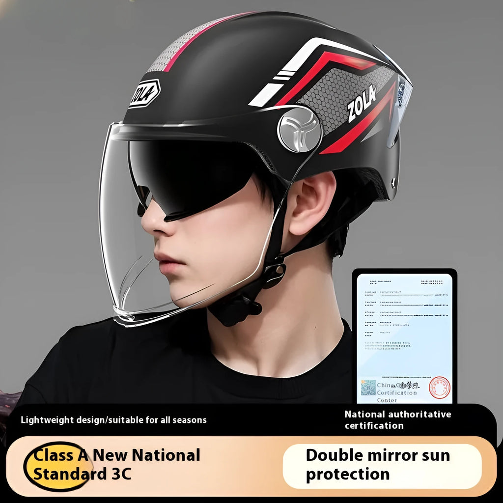 Light brown motorcycle half helmet with a dual mirrored visor on a table.