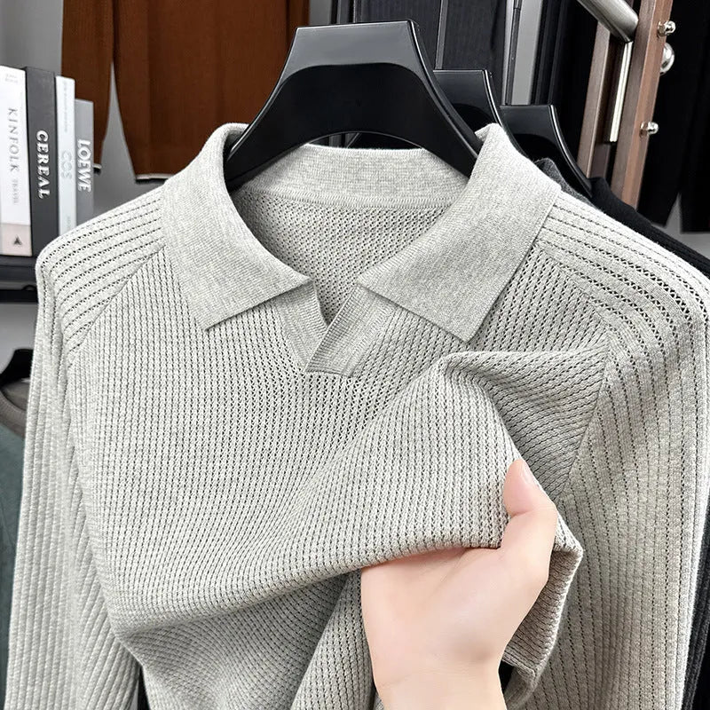 Men's spring autumn cotton scissors collar pullover shirt in black, loose fit, casual style