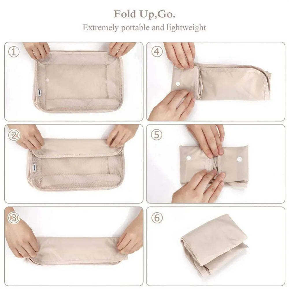 8-piece set of nylon packing cubes in assorted sizes for travel storage, featuring waterproof and dustproof material