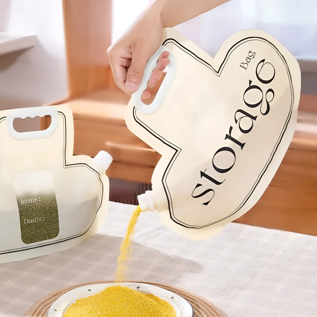 Cream grain storage bag with large diameter opening on a kitchen counter, 26.5x34.6cm food-grade PE