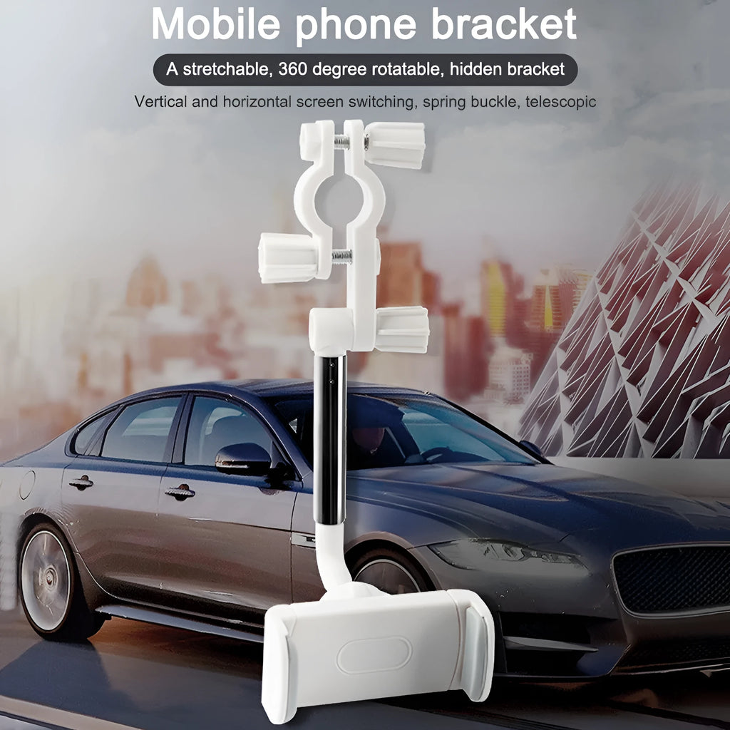 Black car windscreen phone holder with 360-degree rotating head on a suction cup mount.