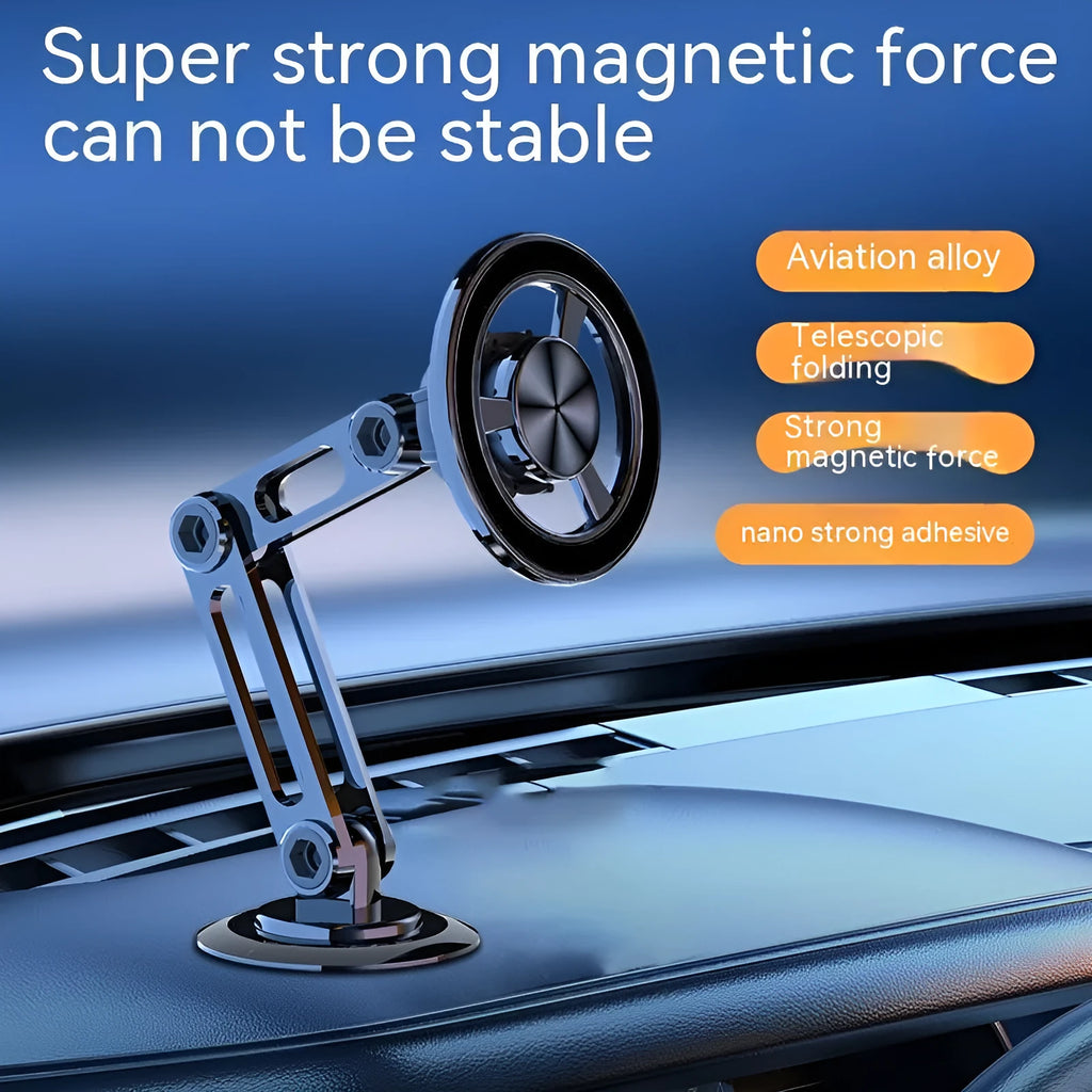 All-metal magnetic car phone holder showing 360-degree rotation mechanism and colour options