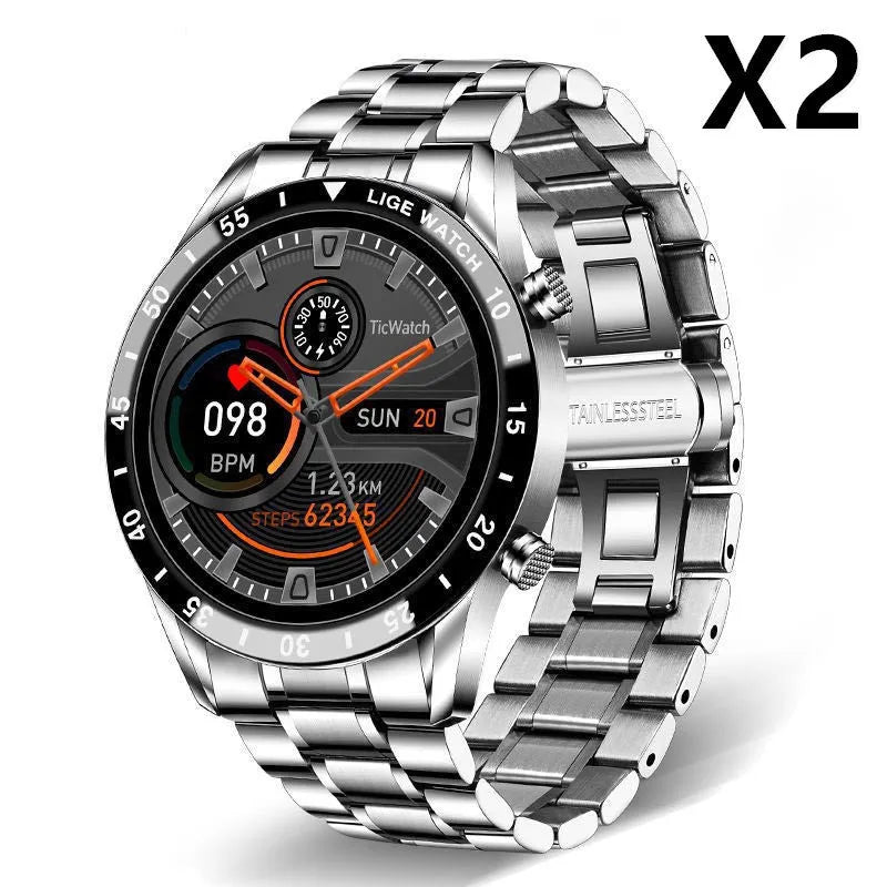 Smart pedometer watch with heart rate and blood oxygen detection, stainless steel band, 1.3-inch touch screen, black colour
