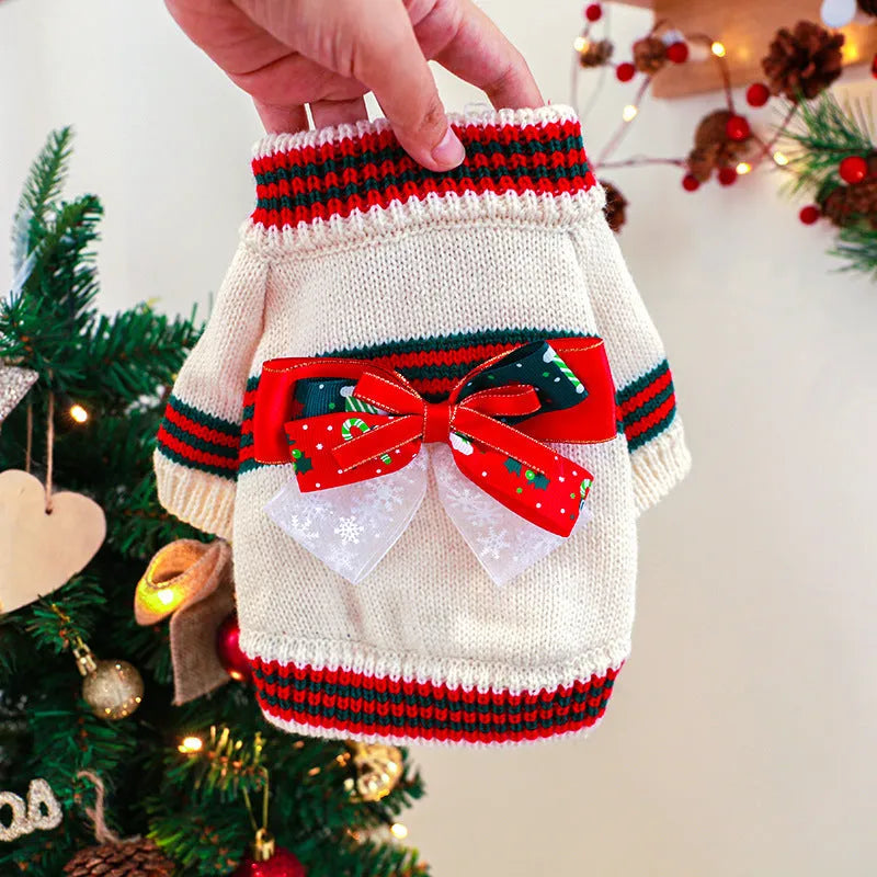 Red Christmas dog jumper on small dog showing festive holiday patterns and full coverage design