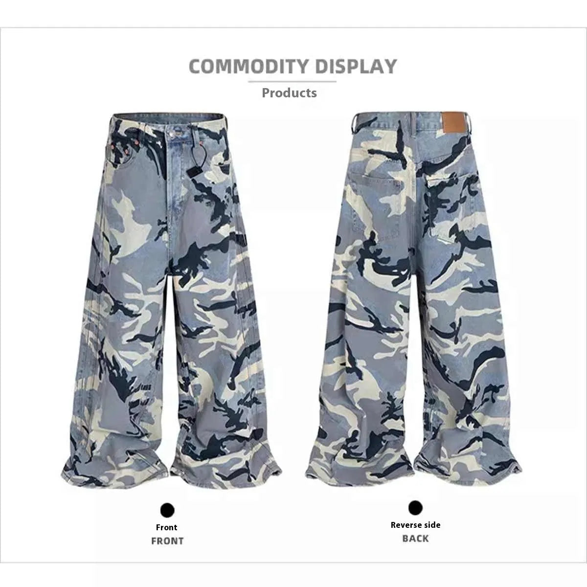 Snow camouflage blue loose-fit jeans with a mid waist on a neutral background.