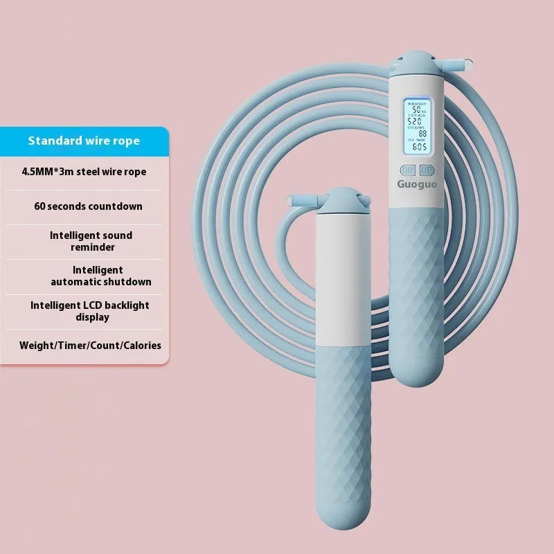 Intelligent electronic counting skipping rope with 3m steel wire shoelace and ABS handles on a neutral background