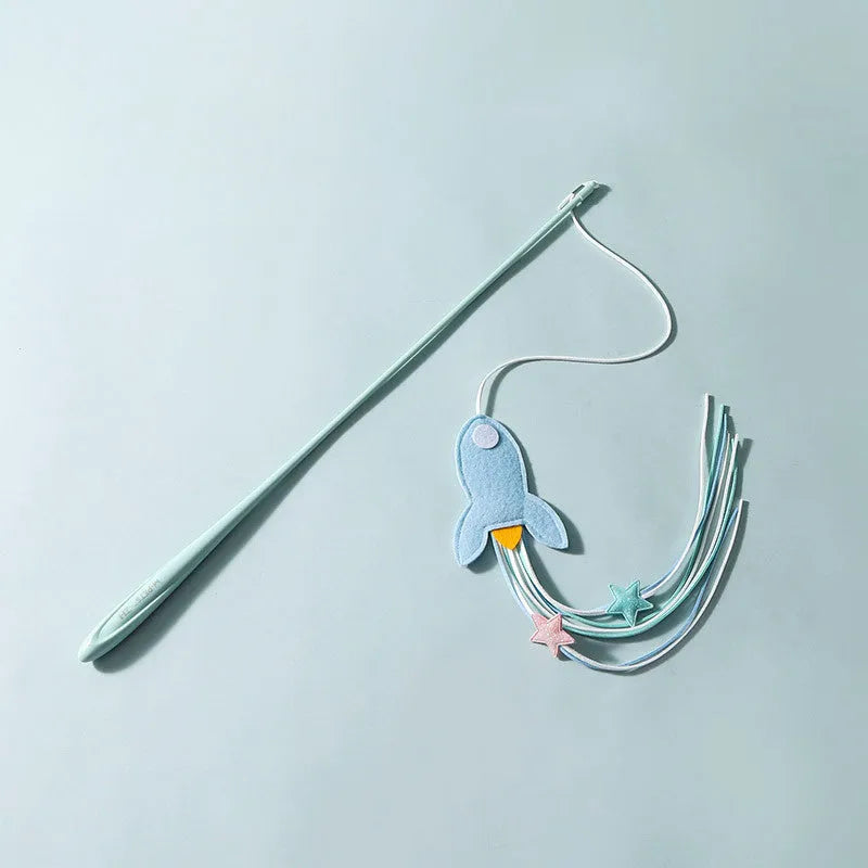 Blue cat teaser toy with feather attachments on long bite-resistant pole for interactive play